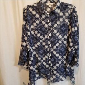 Sans Souci blue and white paisley button down shirt size large